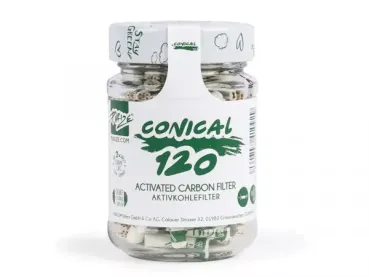 PURIZE Conical XTRA Slim – 120 weiße, konische Aktivkohlefilter im Glas, Ø 5–6 mm × 25 mm, Keramikkappen